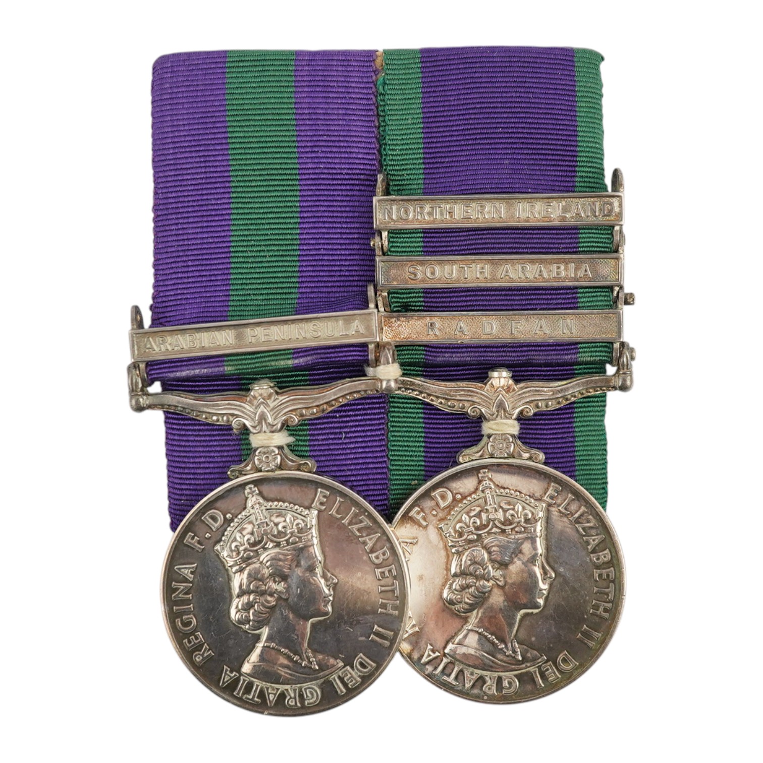 A QEII medal pair, both General Service Medals, awarded to P.K.R. Ross, one medal awarded whilst he was a Second Lieutenant in the Northamptonshire regiment with a clasp for Arabian Peninsula